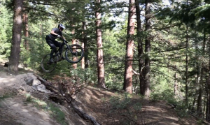 Point of view video of two mountain bikers riding down Mt. Ashland in Oregon on rugged terrain surrounded by forests